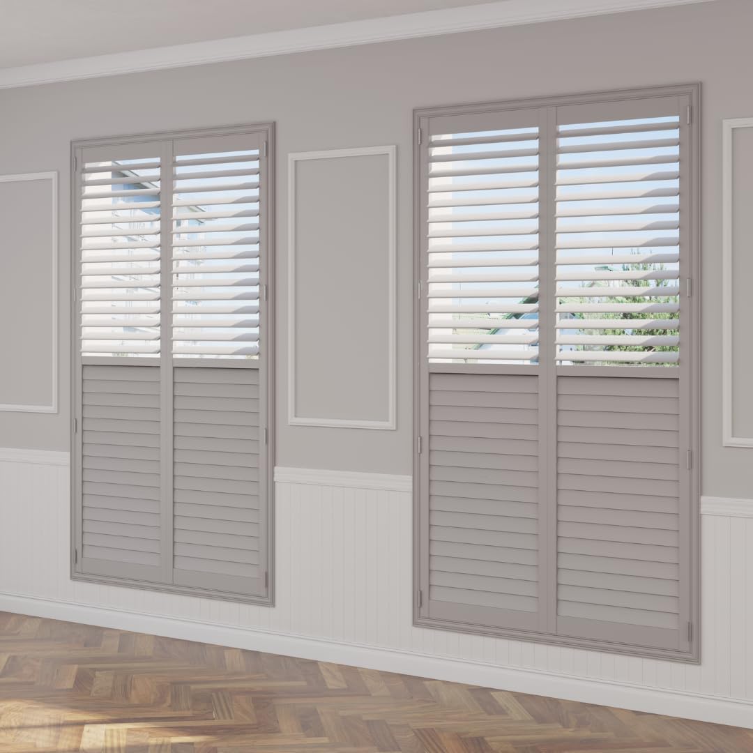 SHUTTER WORKS Wood Plantation Shutters for Interior Windows | Painted Wood Shutters | Shades of White & Gray | Fully Customizable