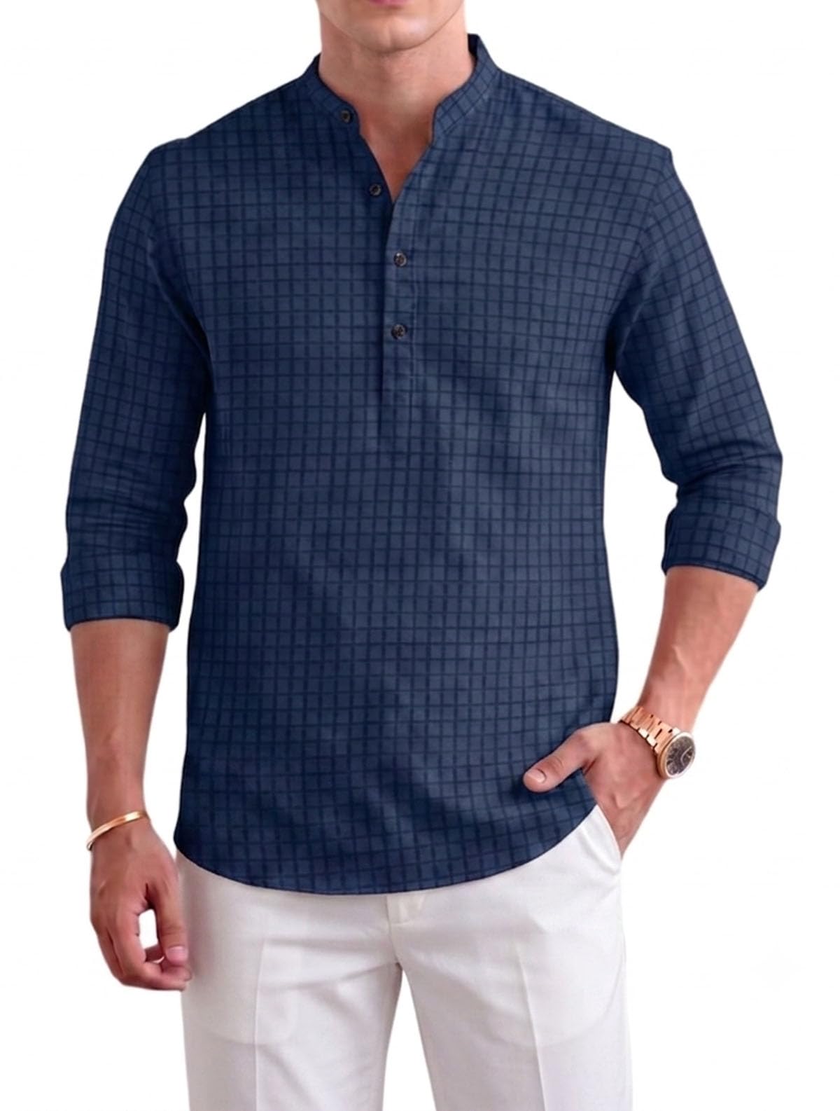 deelmo Men's Polyester Checked Short Kurta | Mandarin Collar | Full Sleeve Casual Ethnic Kurta | Regular Fit Pullover (Available in Plus Size)-picture-33