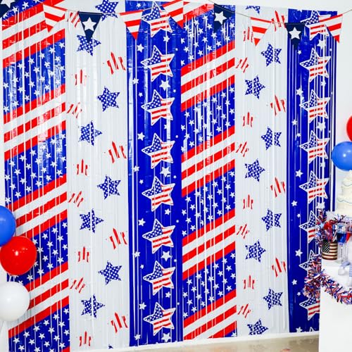 Image of Veterans Day Decorations 3 Pack 3.3 x 6.6 ft Red White Blue Foil Fringe Curtains Veterans Day Backdrop Patriotic Photo Backdrop Streamer for Independence Days Memorial USA Labor Party