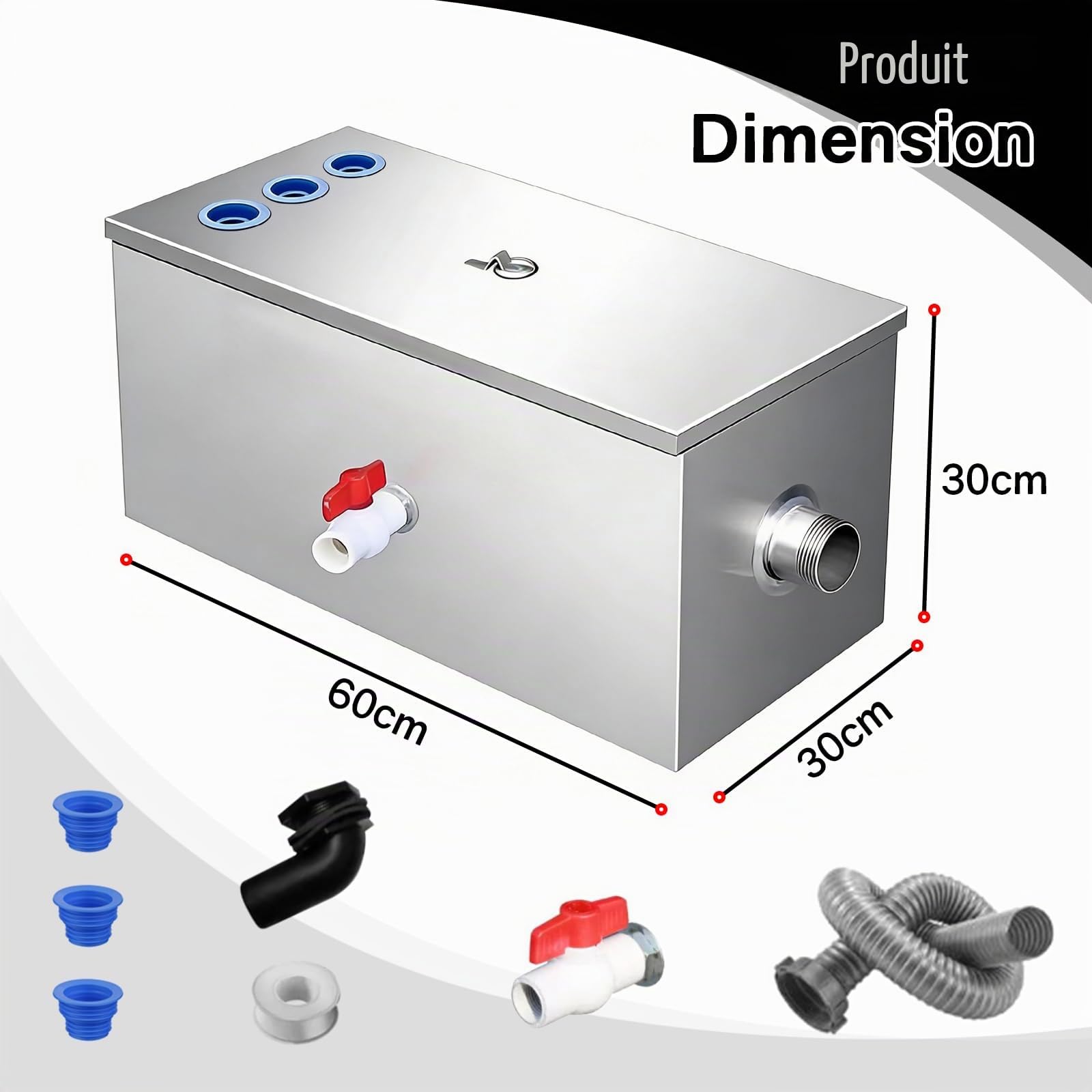 Piège à Graisse Commercial Interceptor 54L en Acier Inoxydable, avec 3 Entrées Supérieures, pour Cuisine, Restaurant, Cantine, Evier de Cuisine, Séparateur D'eaux Usées, 60 x 30 x 30 cm