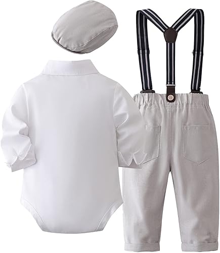 Miniatura 2 de SALNIER Conjunto de ropa de traje de bebé niño esmoquin trajes de caballero trajes de corbatín camisa tirantes pantalones boina sombrero