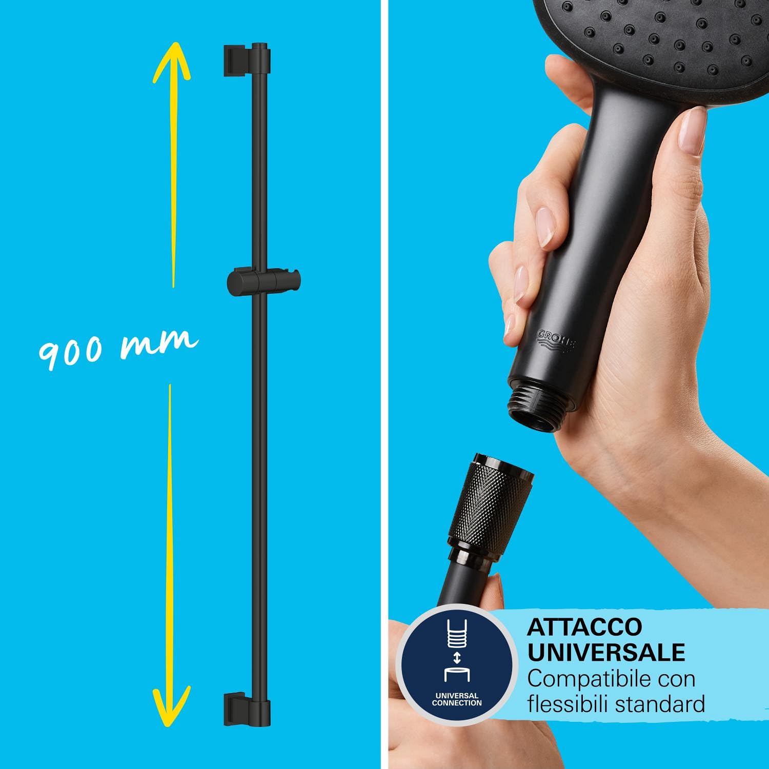 GROHE Vitalio Comfort 110 QuickFix - Set doccia (Doccino Doccia quadrata 11 cm, 2 getti, flessibile doccia da 1,75 m, asta da 90 cm, facile da installare con GROHE QuickGlue), nero opaco, 269302431
