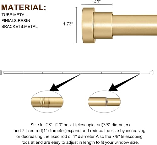 Miniatura 8 de Briofox Barras de cortina doradas para ventanas de 72 a 144 pulgadas, barra de cortina ajustable resistente de 1 pulgada con remates decorativos