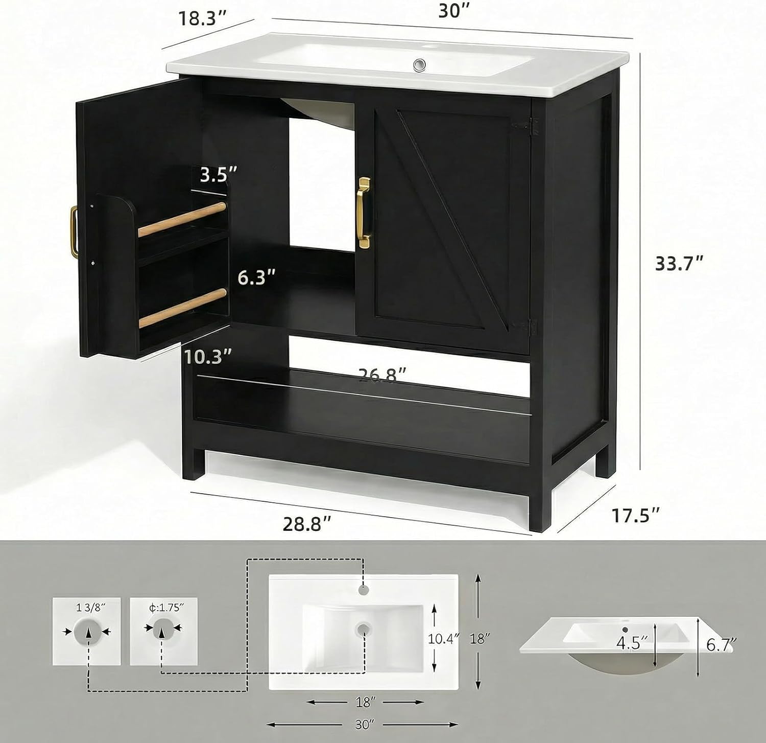 30" Bathroom Vanity with Sink, Black Freestanding Vanity for Small Bathrooms, Solid Metal Hinges, Door Organizer, RGB LED Light, Plumbing Clearance Shelf