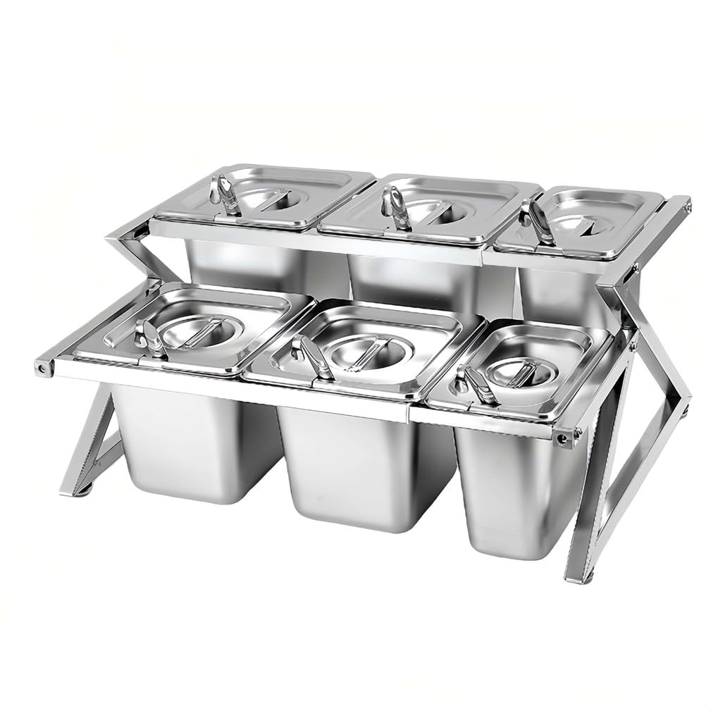 Aycdl Silver Spice Organizer - Double Layer Stainless Steel Storage Rack With Lids And Spoons For Efficient Ingredient Prep,-08