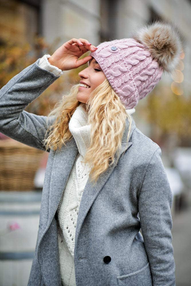 EliMeli Gorro de invierno para mujer con pompón de pelo sintético - gorros invierno mujer con pompon