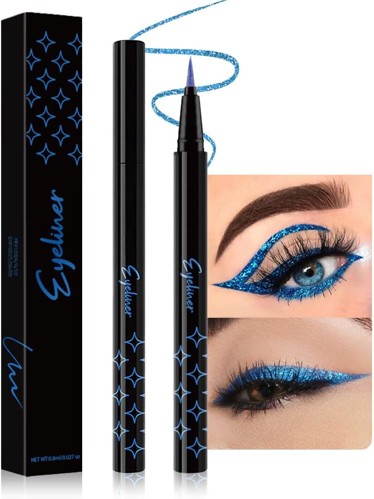 evpct1Pcs Royal Blue Glitter Liquid Eyeliner Makeup, Light Blue Metallic Shimmer Eyeliner Liquid Eye Liner Eyeshadow Pencil Face Gems Glitter Facepaint Makeup, Blue Eyelashes Mascara hair Accessories
