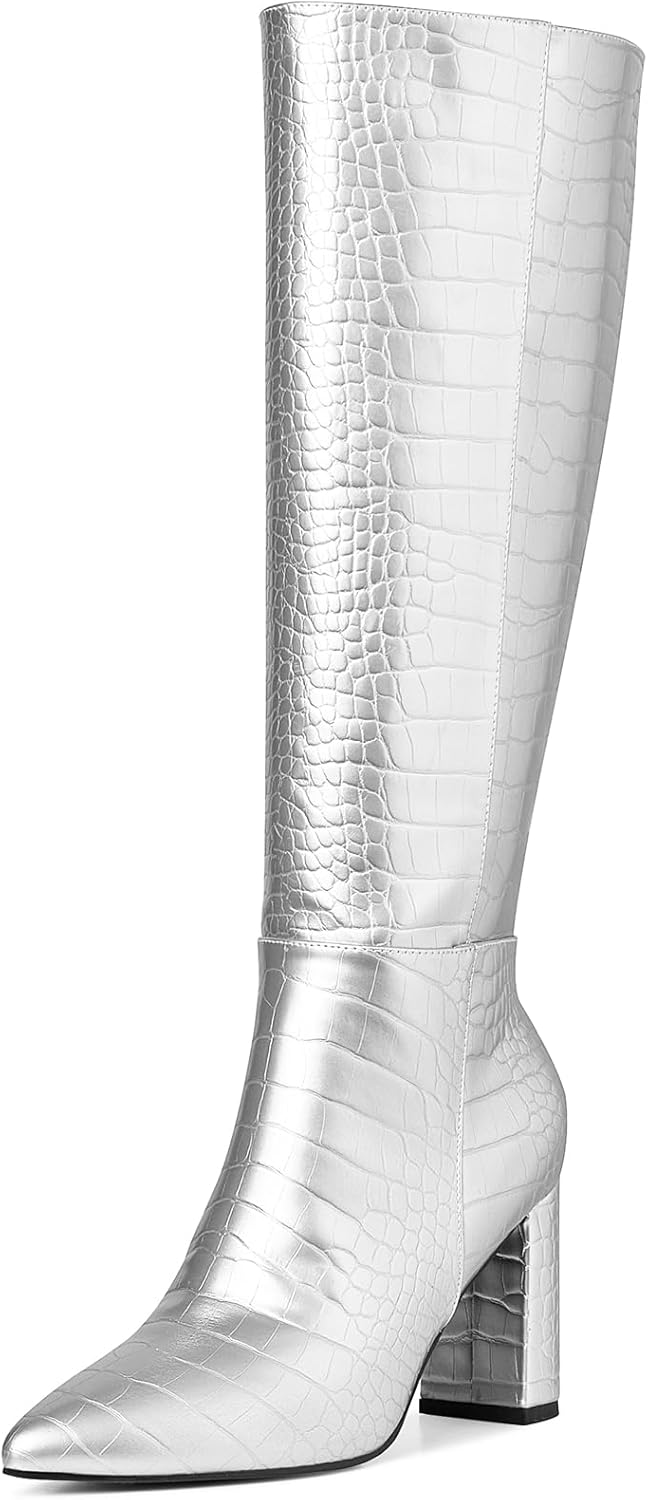 AOSPHIRAYLIAN Knee High Boots Chunky Heel Wide Calf Knee High Boots for Women Pointed Toe with Zipper Block Heel Fashion Dress Womens Shoes