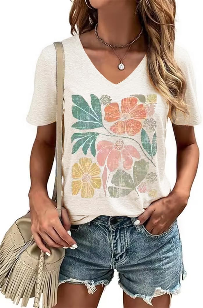 Women's T-Shirt V-Neck Graphic Tees Vintage Boho Flowers Shirt Summer Casual Plant Short Sleeve Tshirt Tops