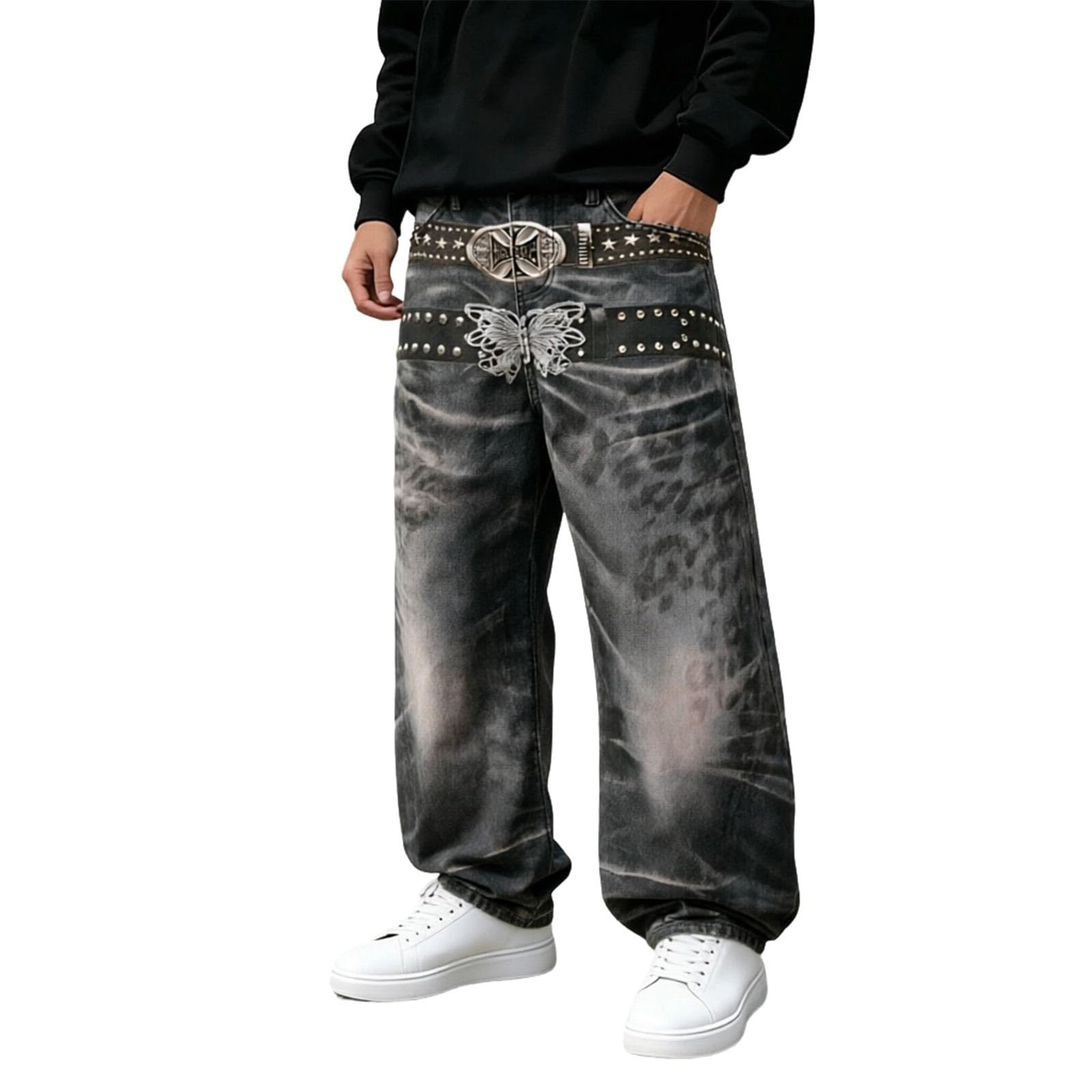 Baggy Jeans da uomo Barrel Jeans Y2K Streetwear Hip Hop Destroyed Denim Pantaloni alla moda con gamba dritta, jeans da skater, casual, vestibilità larga, alla moda, pantaloni lunghi