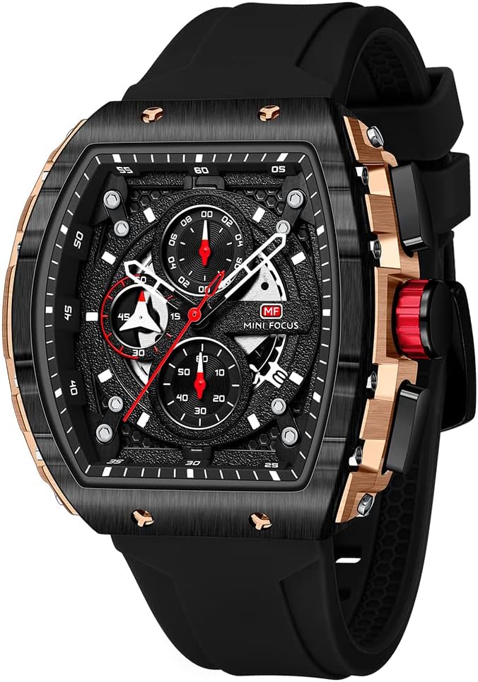 MF MINI FOCUS Men's Watch Fashion Tonneau Wrist Watch (Chronograph/Waterproof/Luminous/Calendar) Silicone Strap Quartz Watch for Men, Black_Gold, Classic