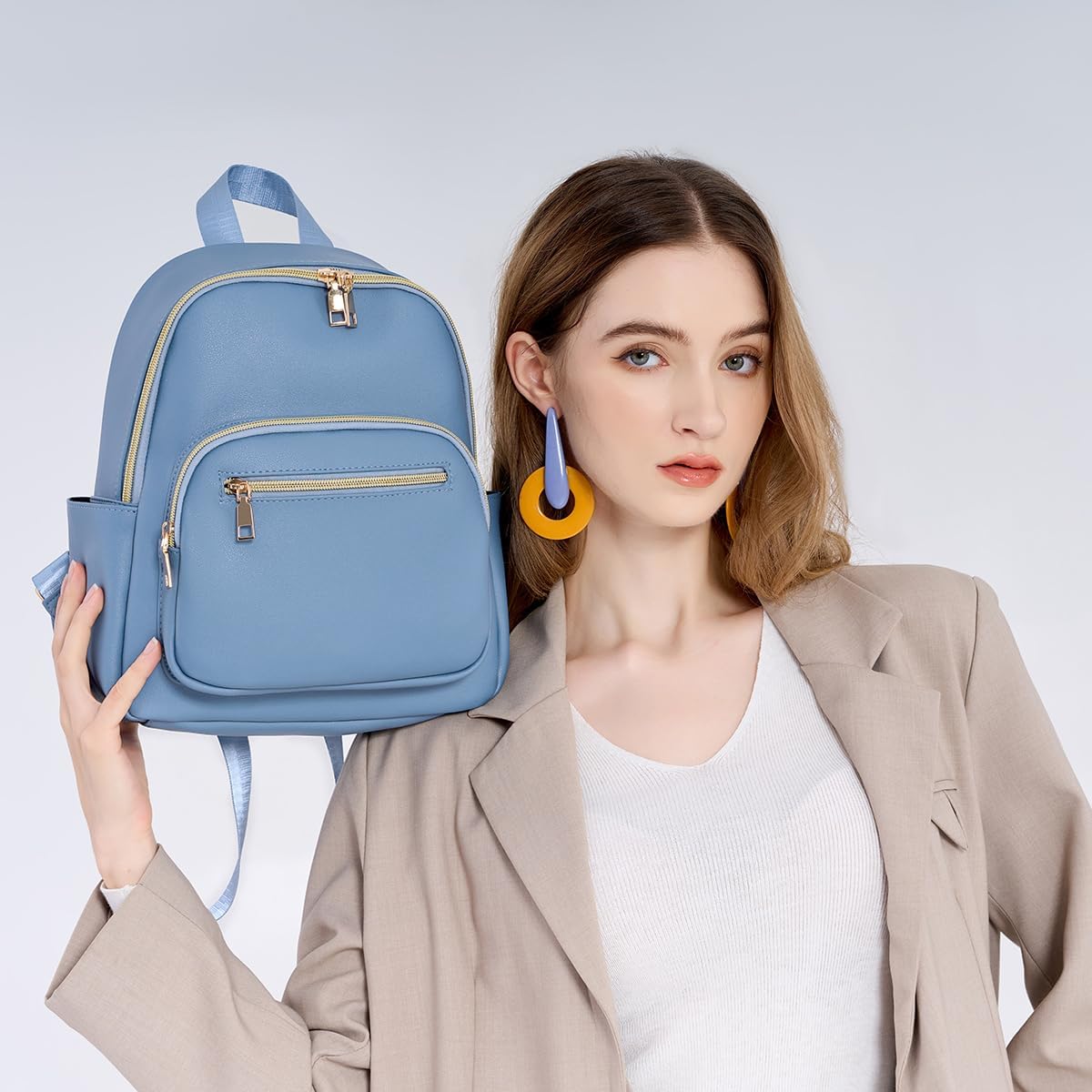 Mini Backpack Purse for Women PU Leather Small Backpack Fashion Multi Pockets Casual Daypacks Ladies Travel Shoulder Bags Haze blue - Image 2