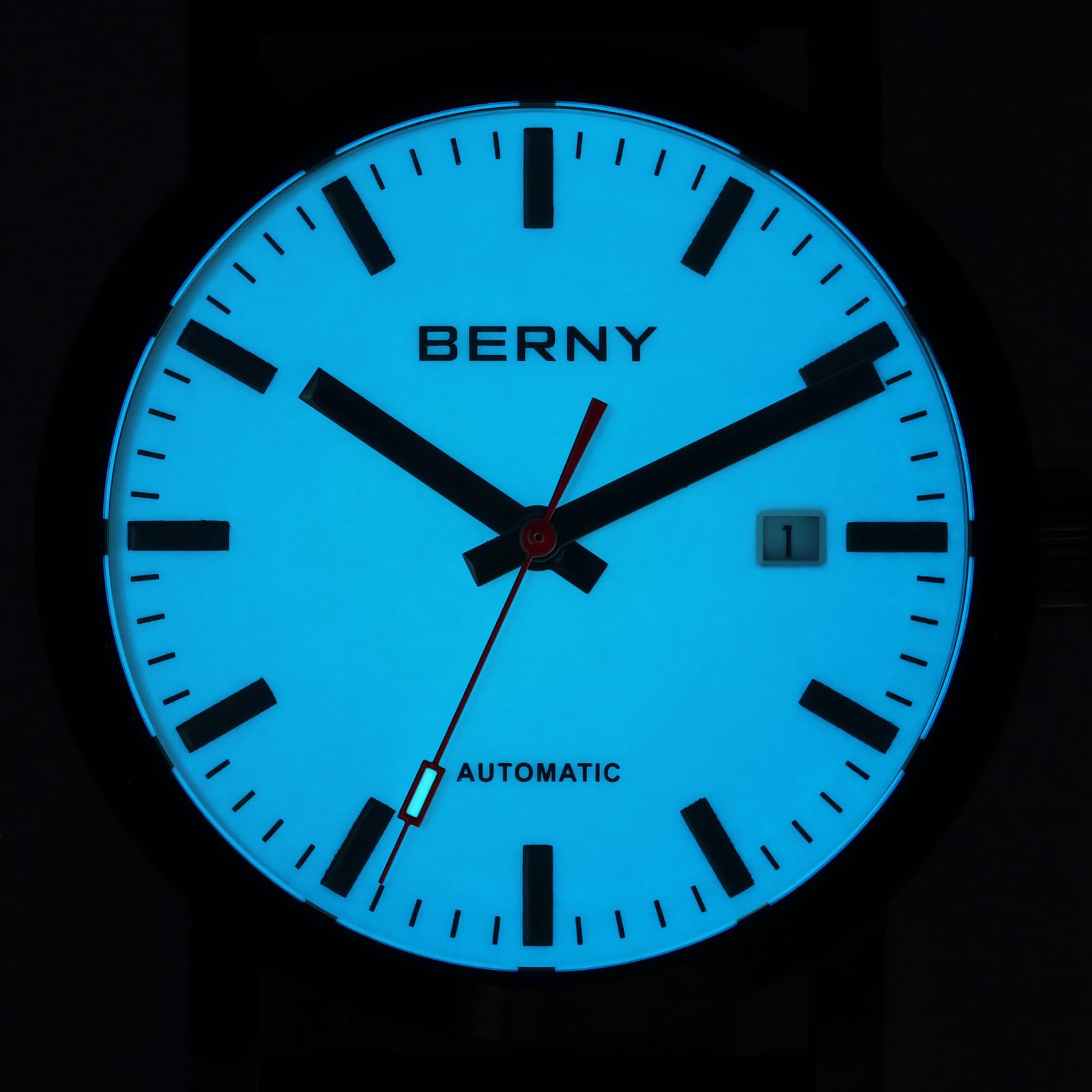 BERNY Clásico Reloj Automático Masculino Mecánico Reloj de Autorollo Correa de Acero Inoxidable 5ATM Impermeable y Luminoso
