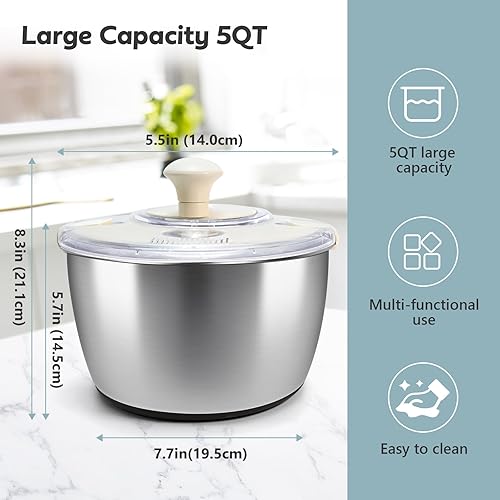 Miniatura 2 de Escurridor de ensalada de acero inoxidable, secadora manual de lechuga con tapa, lavabo, marco de drenaje y base antideslizante, centrifugador de
