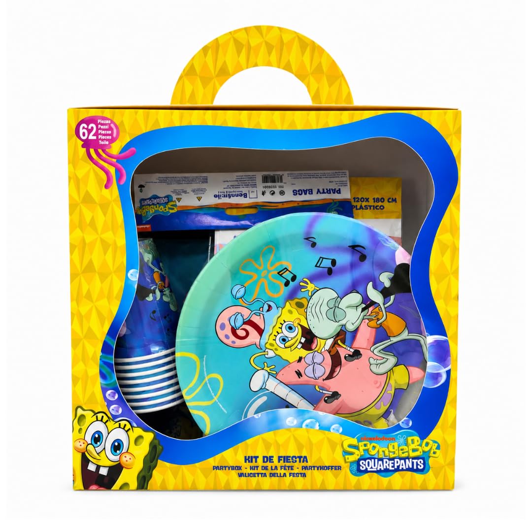 SpongeBob Compleanno, Kit Compleanno Bambini 62 Pezzi con Decorazioni Festa, Piatti, Bicchieri, Tovaglioli, Palloncini, Tovaglia, Sacchetti Regalo, Cappellini e Ghirlanda