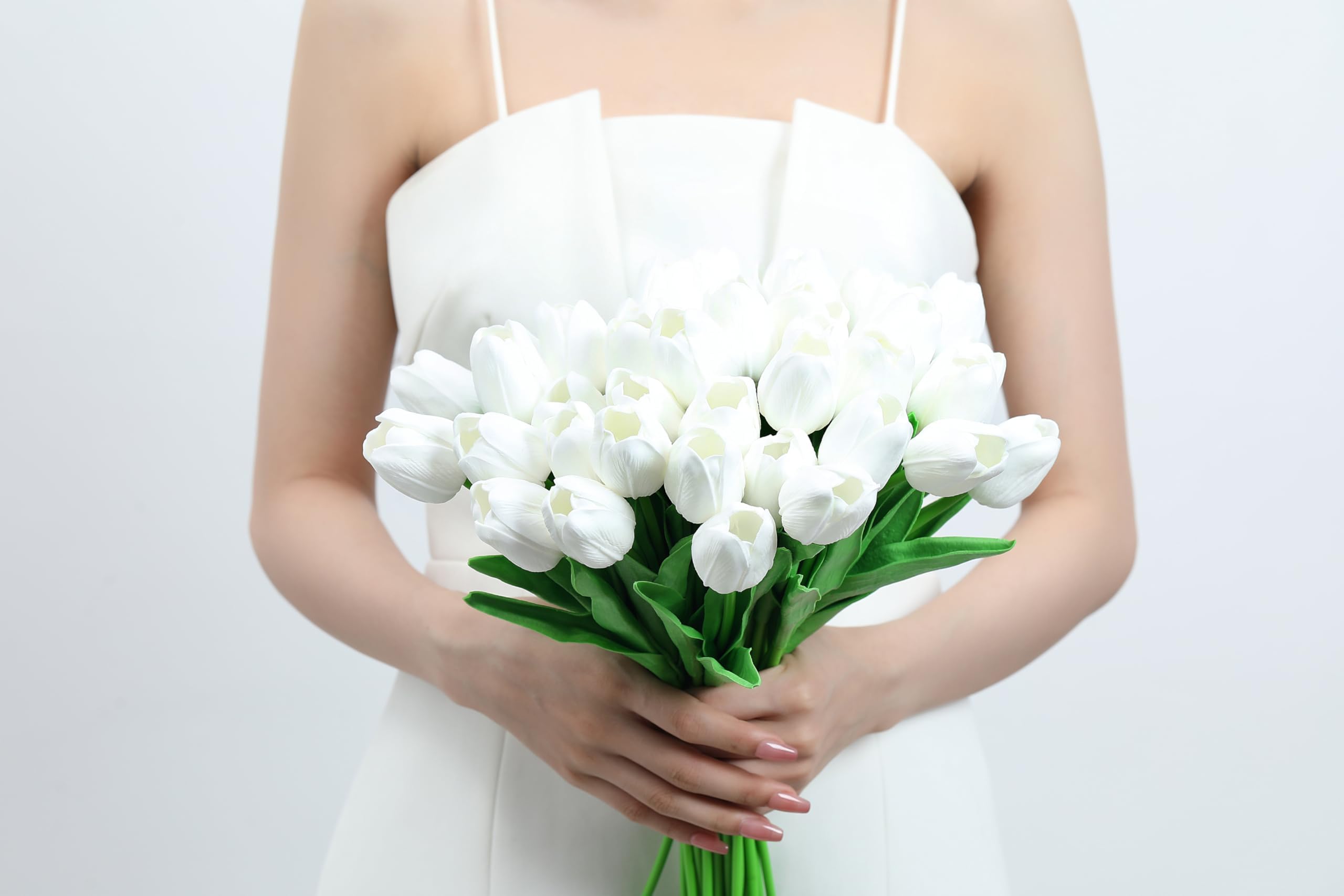 XIANNVXI 20 Pcs Artificial White Tulips White Flowers Silk Tulips Funeral Flowers Decorative Fake Faux Spring Flowers Wedding Bouquet for Bride Mothers Day Easter Decorations Indoor 14 Inch - Image 2