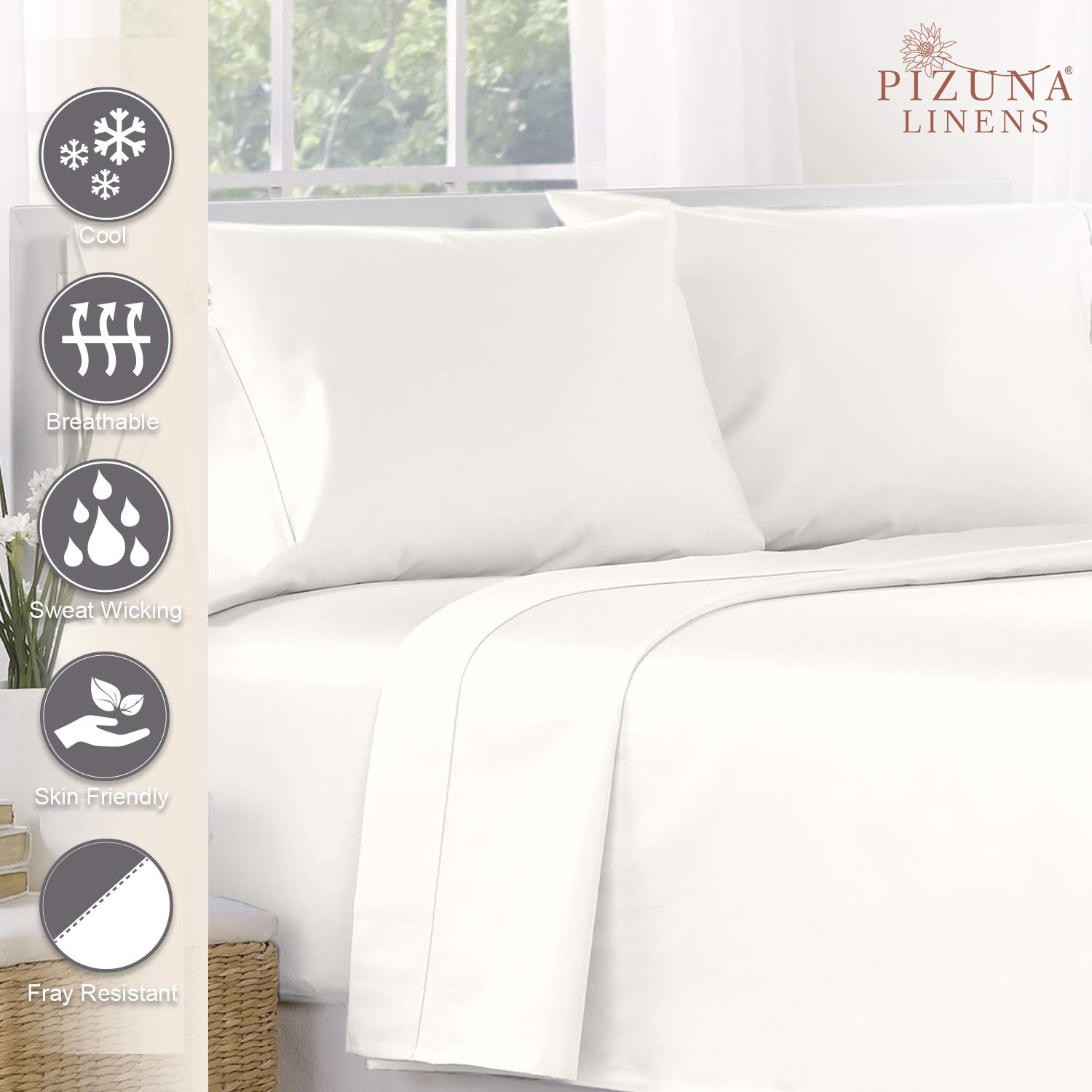 Pizuna 400 Thread Count Cotton Twin XL Flat Sheets Off White 1pc, 100% Long Staple Cotton, Soft Sateen Bed Flat Sheets with Stylish 4 Inch Hem (Off White 100% Cotton Flat Sheet Twin XL)