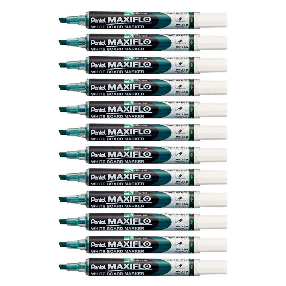 Pentel Maxiflo Dry Wipe Whiteboard Marker Medium Chisel Tip Liquid Ink (Pack of 12) Verte