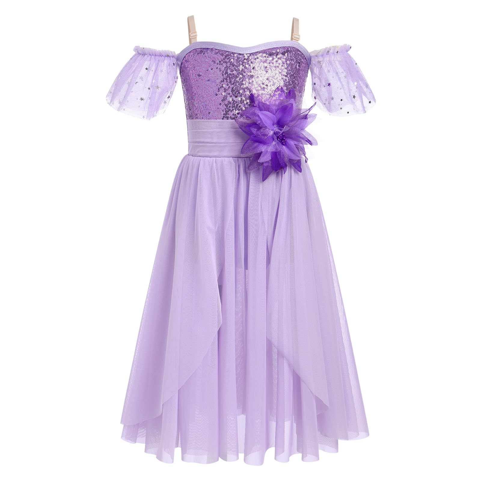 Lyrical Dance Dress for Girl Ballet Leotard Chiffon Skirt Shiny Sequins Ballerina Outfits Off Shoulder Contemporary Ballet Clothes Kid Recital Christmas Dance Dress Purple 11-12Years