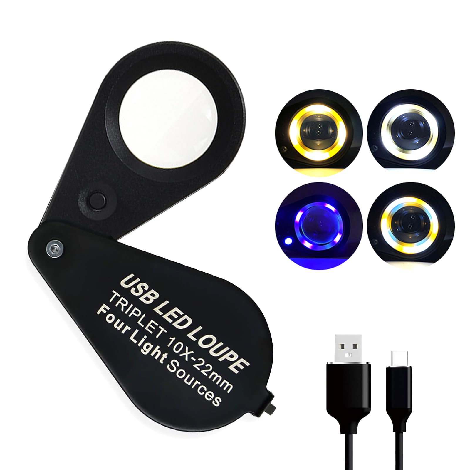 Loupe de bijoutier rechargeable 10x avec lumières UV et LED, la loupe 10x est équipée d'un triple objectif de 22 mm. Qualité professionnelle pour diamants, pierres précieuses, pièces de monnaie et