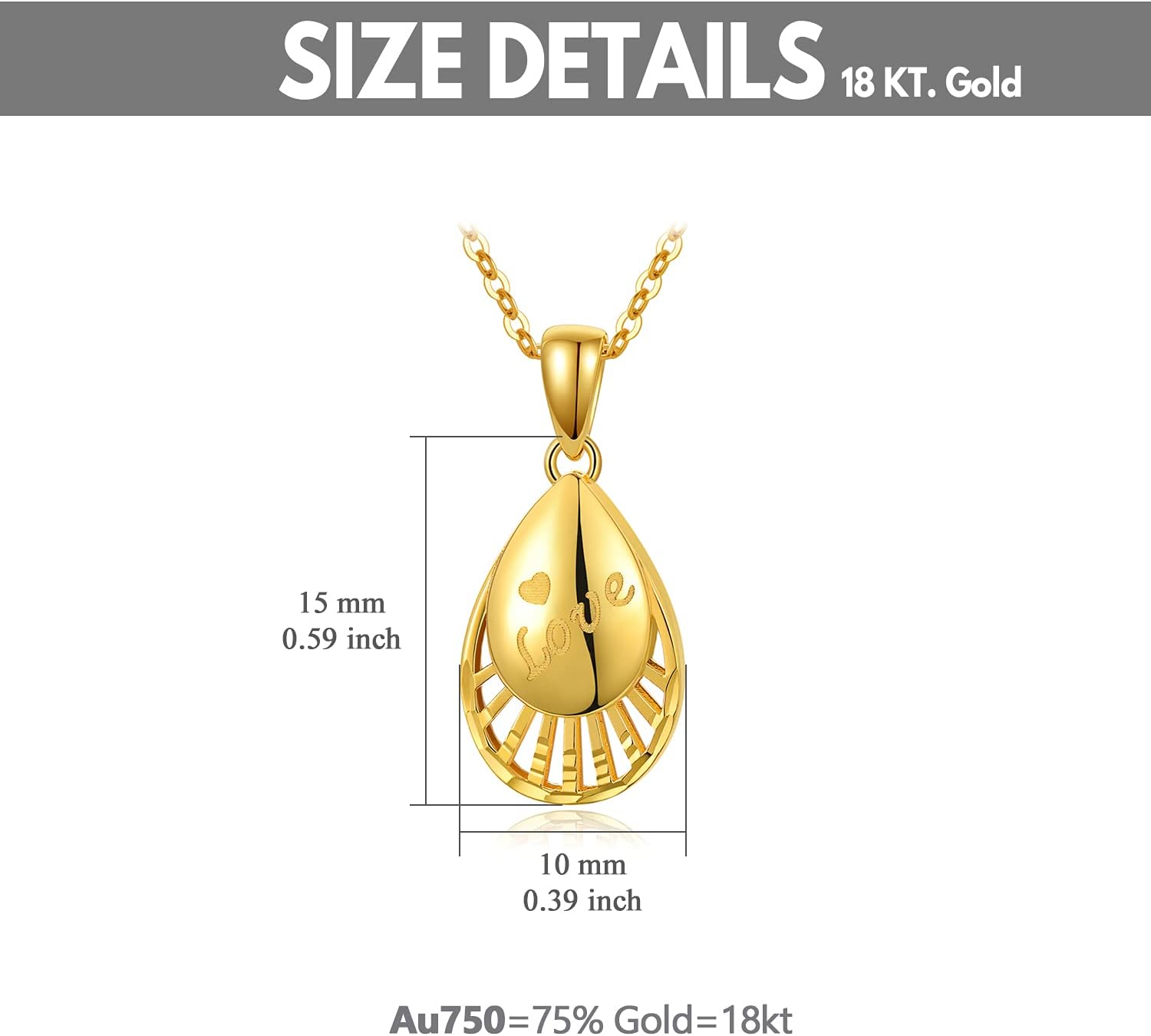 18K Gold Shiny Teardrop Necklace for Women, 5mm Thick Yellow Gold Engraved Love Teardrop Pendant Jewelry Anniversary Birthday Christmas Gift for Wife, Mom 18inch