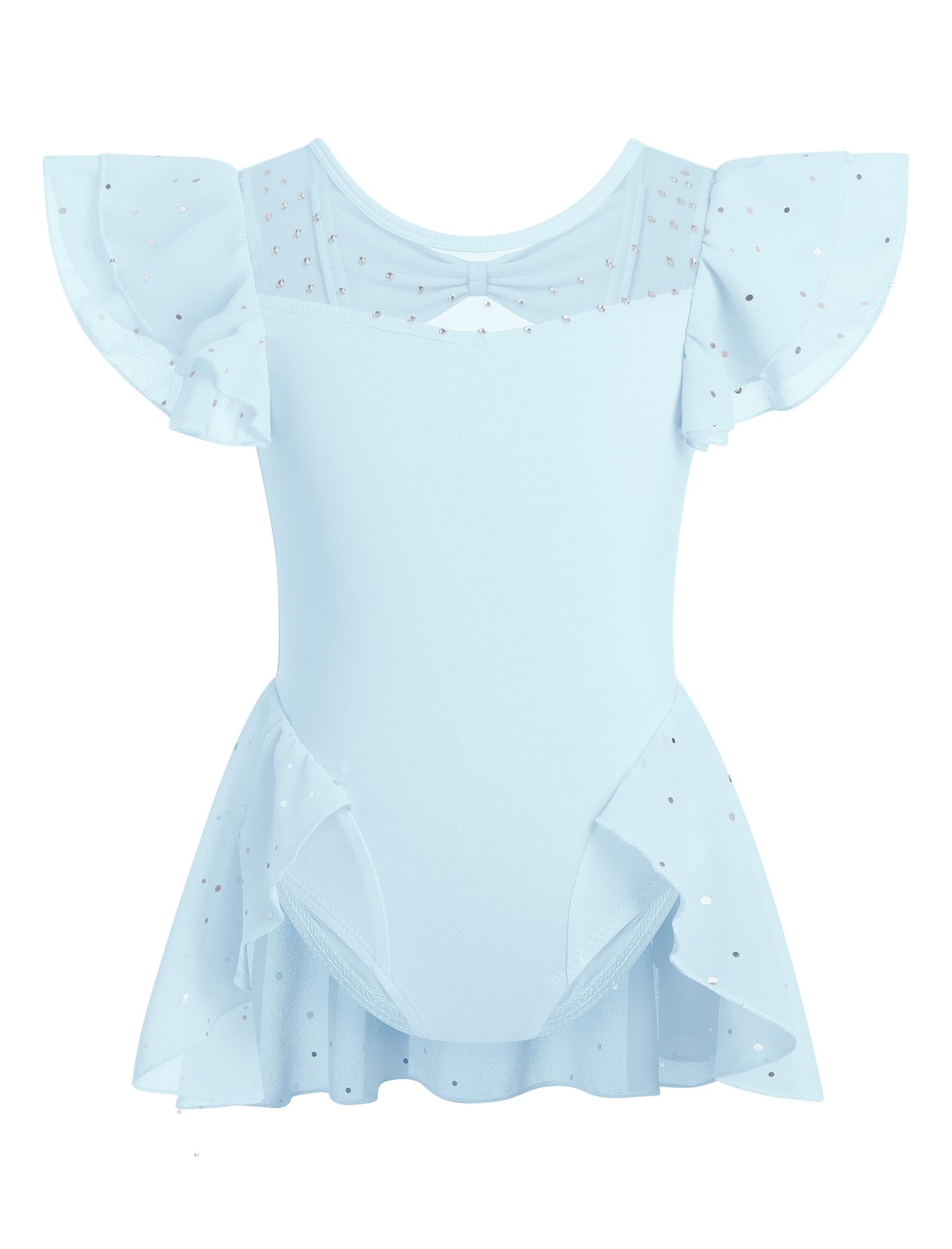 IBAKOM Ballet Leotards for Girls Sheer Mesh Rhinestone Neck Ruffle Sleeve Kid Gymnastics Leotard Bowknot Back Half Skirt Ballerina Dance Dress Little Princess Lyrical Dance Outfits Blue 5-6 Years