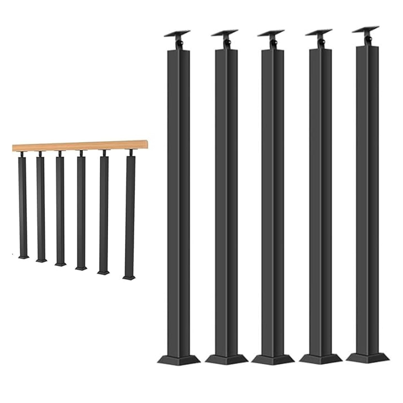 GOUZIBHD 5 Pack Square Metal Railing Spindles with Flat & Adjustable 270° Angle Bracket,Stair Baluster Posts,Indoor Stair Railing Deck Balusters for Deck Steps Balcony(Size:90cm/35.4in,Color:Black)