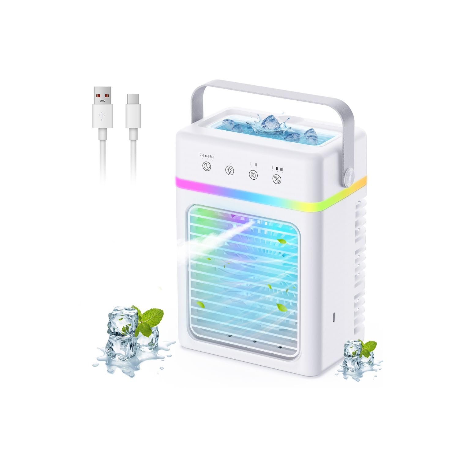 Climatiseur Mobile 900ML - Refroidisseur d'Air Silencieux, Climatiseur Portable 3 Intensités de Brumisation, 3 Réglages de Flux d'Air, Minuterie 6H et USB, LED Multicolore - Parfait pour Maison/Bureau