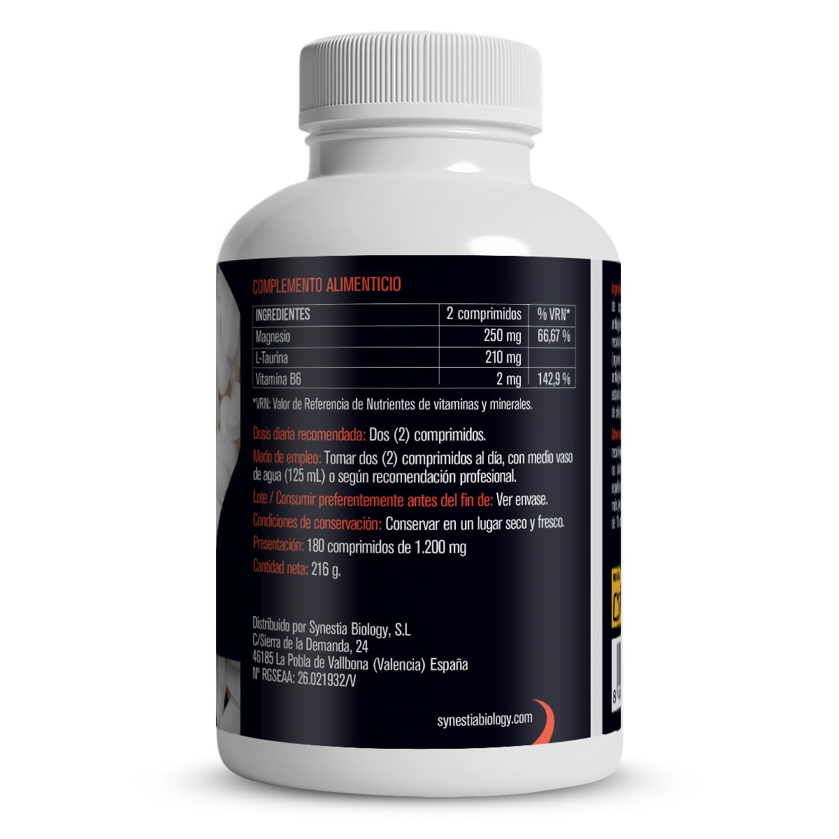 Bisglicinato de Magnesio con Taurina y Vitamina B6 Synestia Biology, 180 Comprimidos, Vegano, Sin Gluten
