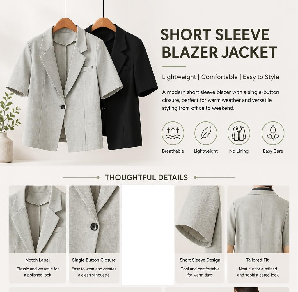 Blazer De Mujer De Manga Corta Chaqueta Formal para Mujer Blazer Elegante E Informal para El Trabajo Ropa De Oficina para Mujer con Un Botón para La Oficina El Trabajo y Bodas.