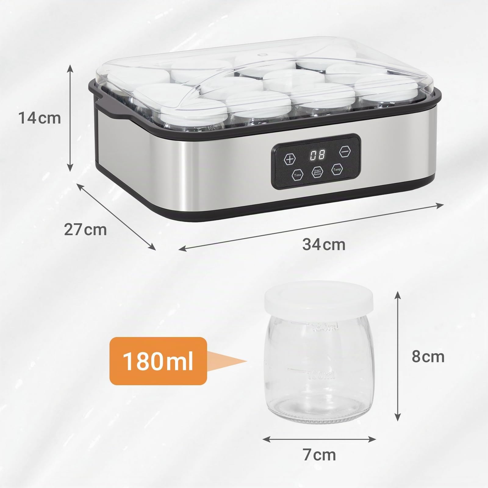 Todeco Yogurtera Eléctrica con 12 Tarros de 180 ml con Tapa, Máquina de Yogur Casero de Acero Inoxidable, Pantalla LCD, Tiempo y Temperatura Ajustable, para Yogur Griego, Yogur Frutas