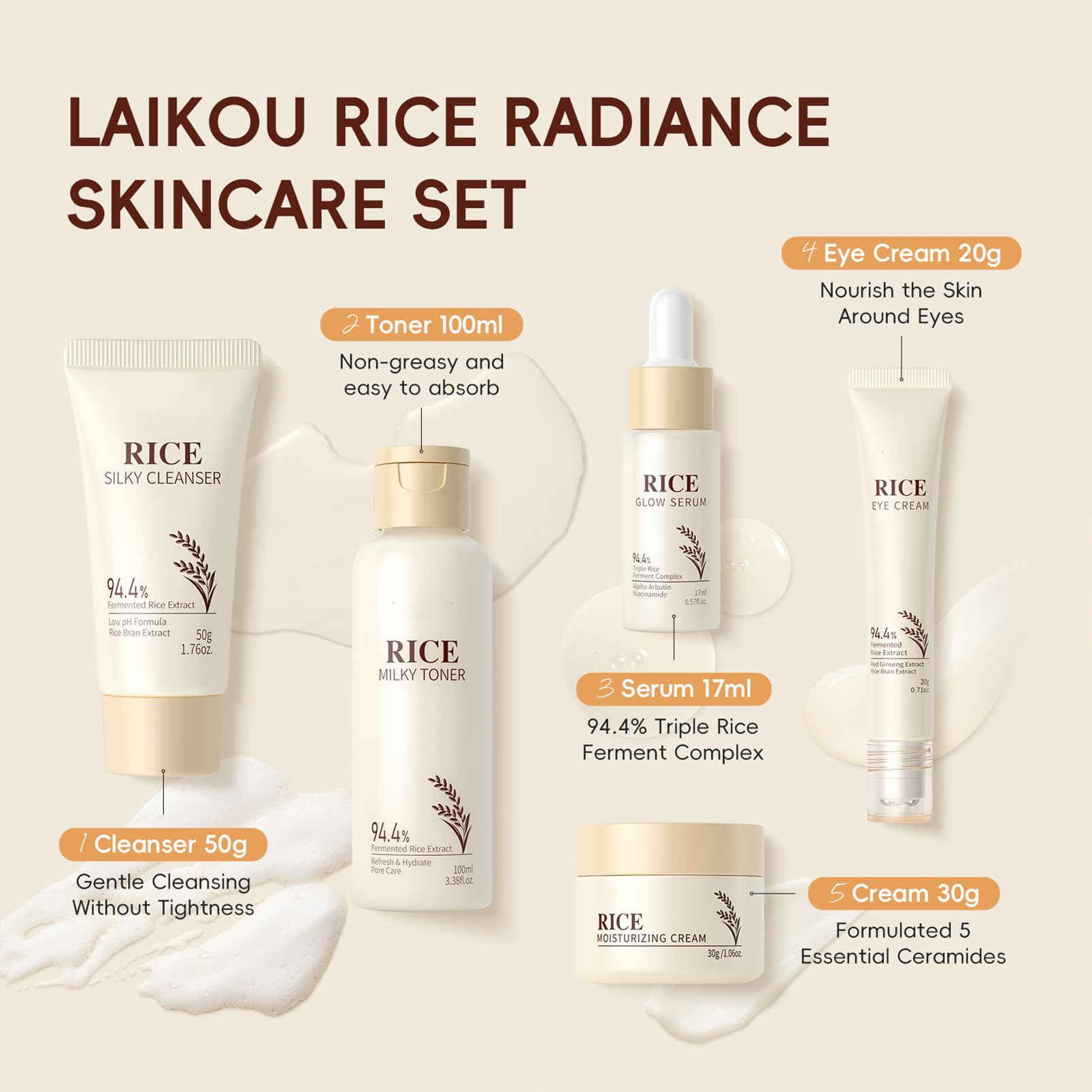Korean Rice Skincare Set, 5PCS Hydrating Rice Face Care Kit Gift Set including Cleanser, Toner, Serum, Cream & Eye Cream - Image 3