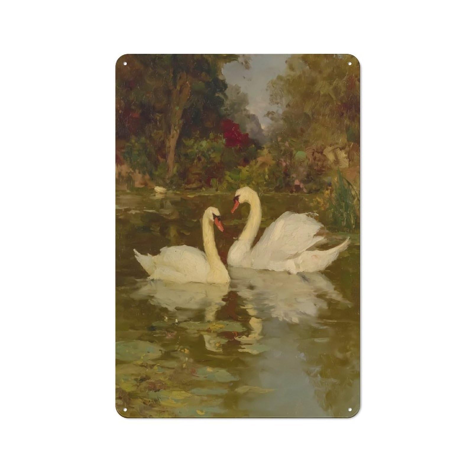 Junmoney Style-22 Swans In A Pond Painting Modern Vintage Metal Wall Decor 30X20cm, Tin Sign For Hobby Room, Office, Lounge Or Living Room