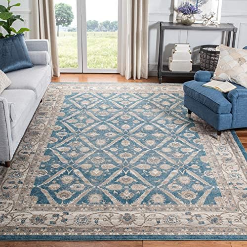 SAFAVIEH Sofia Collection SOF378C Vintage Oriental Distressed Non-Shedding Living Room Bedroom Dining Home Office Area Rug, 9′ x 12′, Blue / Beige