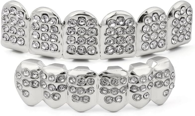 14K Gold Plated Hip Hop Diamond Teeth Grills for Your Teeth Iced out Top & Bottom Tooth Grillz Set For Men Women Rapper Costume Cosplay Extra Molding Bars