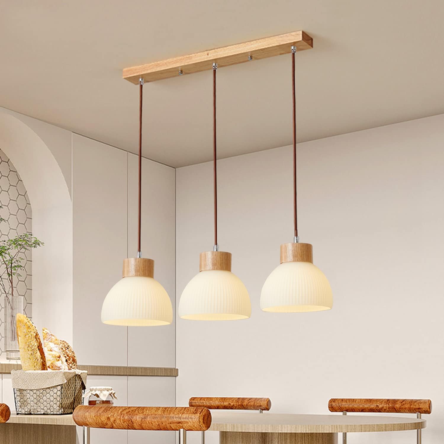 Moderne Industrial Pendelleuchte 3-flammig aus Holz mit Glas-Dekor, verstellbares Kabel E27 Hängeleuchte für Wohnzimmer, Esszimmer, Büro & Hotel