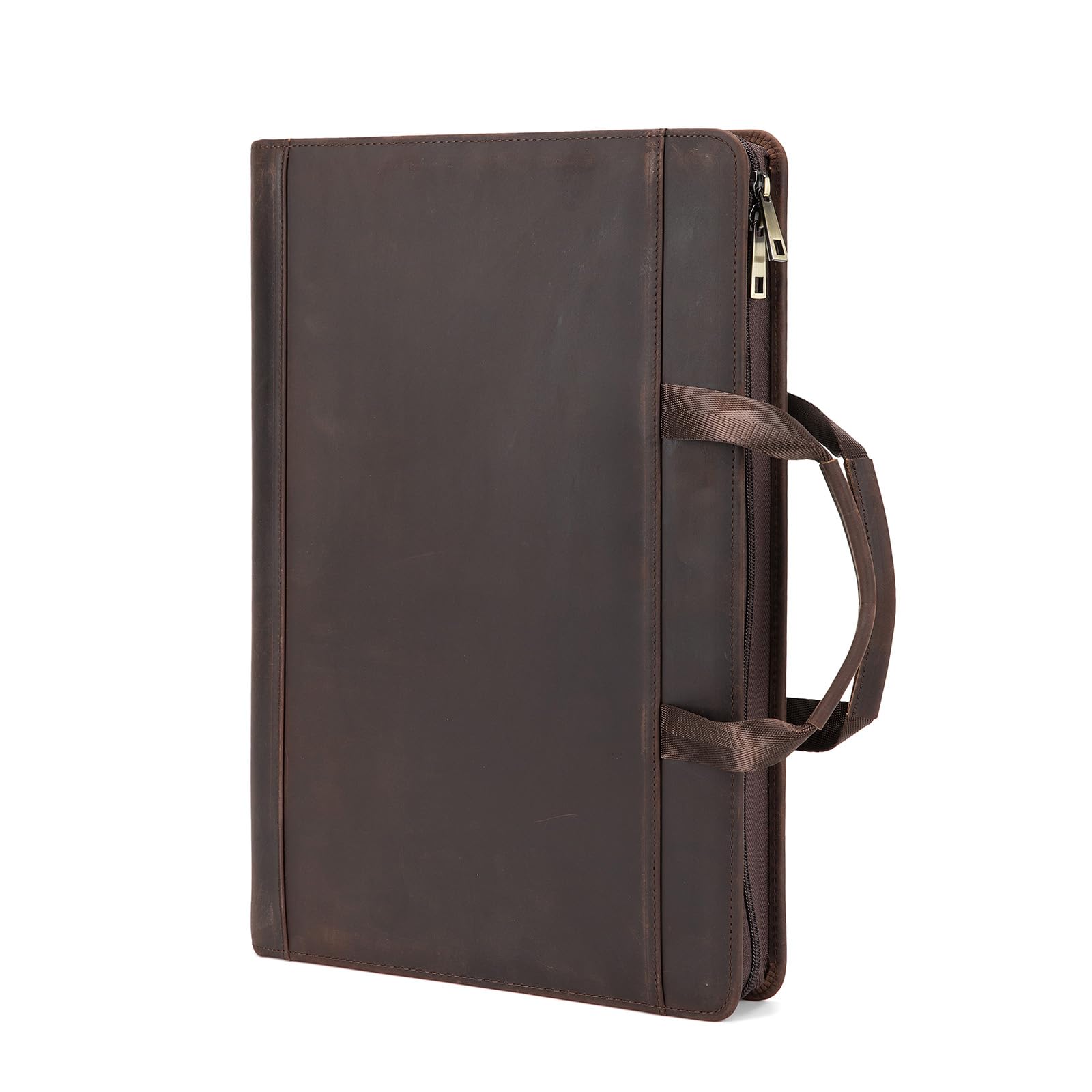 Portafolio de cuero genuino con asa y portapapeles, bloc legal (8.5 x 14 pulgadas), portadocumentos de cuero de grano completo con cremallera, 8 ranuras para tarjetas, organizador de negocios,