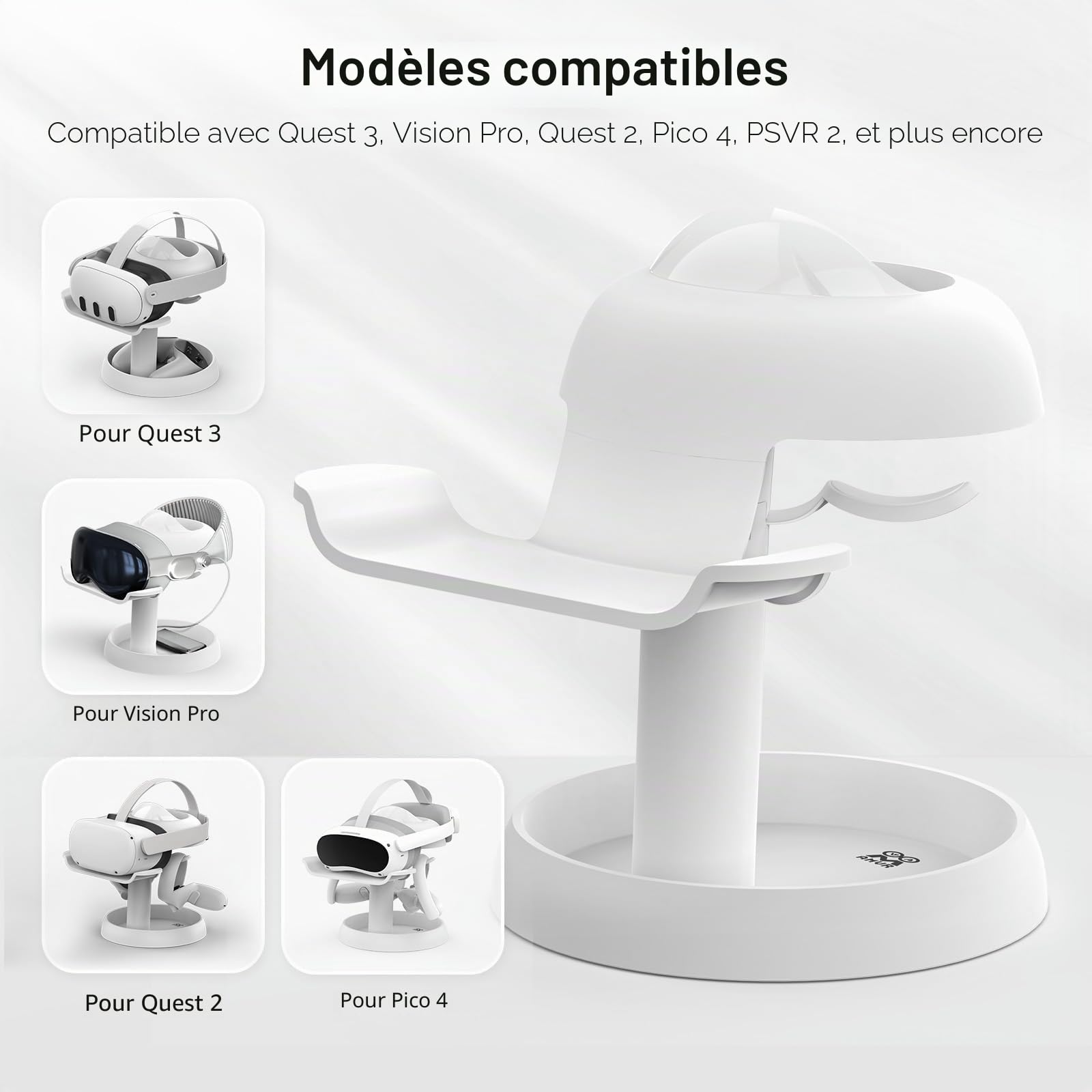 AMVR VR Stand Compatible avec Meta Quest 3s/Quest 3/Quest 2/Vision Pro/Pico 4 - Universal VR Headset Display Dock, Support Stable, Base Ronde, Montage Facile (Blanc)