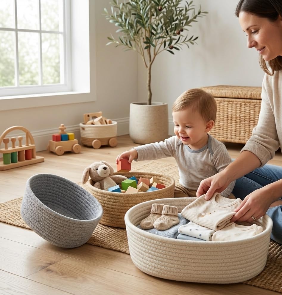 Image of AuraNest Jute Cotton Storage Basket Set of 3 | Oval Woven Shelf Organizer Bins | Multipurpose Storage for Kitchen, Bathroom, Toys & Gift Hampers | Eco-Friendly Handmade Baskets (Multicolor)