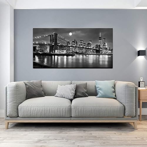 Miniatura 2 de LevvArts - Lienzo de Nueva York en blanco y negro con imagen del puente de Brooklyn, arte de pared, noche de luna llena, póster de la ciudad de