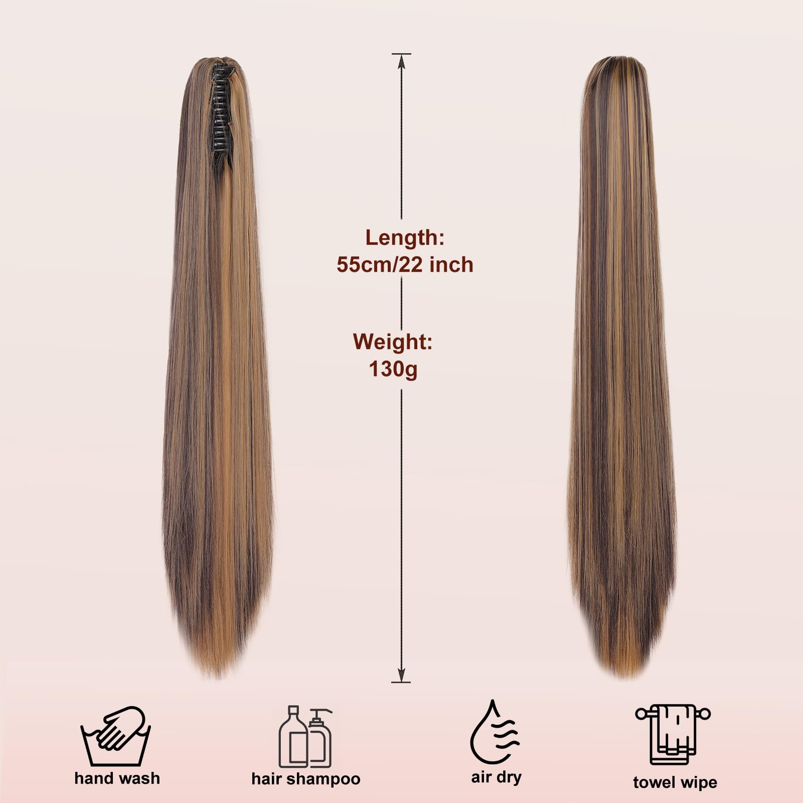 Dcbaboo 22inch Claw Clip in Ponytail Hair Extensions Long Straight Ponytail Extension Synthetic Pony tails Natural Wave One Piece Hairpiece Fake Ponytail for Women Dark Blonde & Medium Brown - Image 3