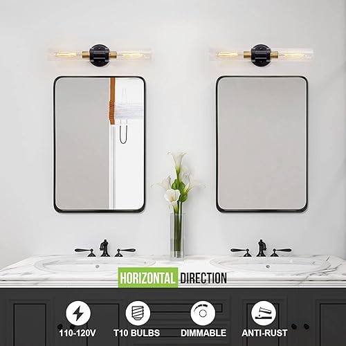 Miniatura 3 de Apliques de pared de baño con vidrio transparente, 2 luces, lámparas de pared modernas para espejo, sala de estar, pasillo, latón cepillado negro y