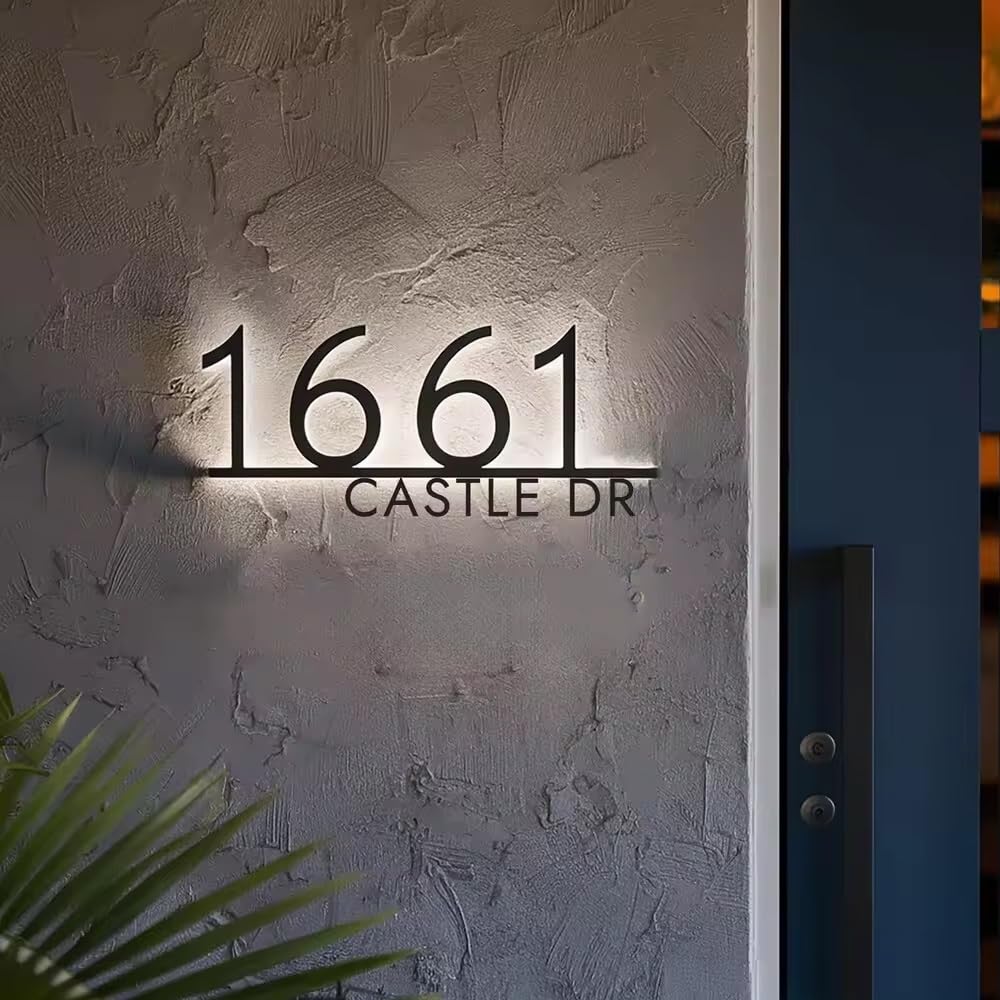 Letrero Personalizado Con Números De Casa Modernos Retroiluminados Por LED, Placa Iluminada Con El Nombre De La Calle Personalizable, Placa Acrílica Exterior Iluminada Personalizada(18inch)