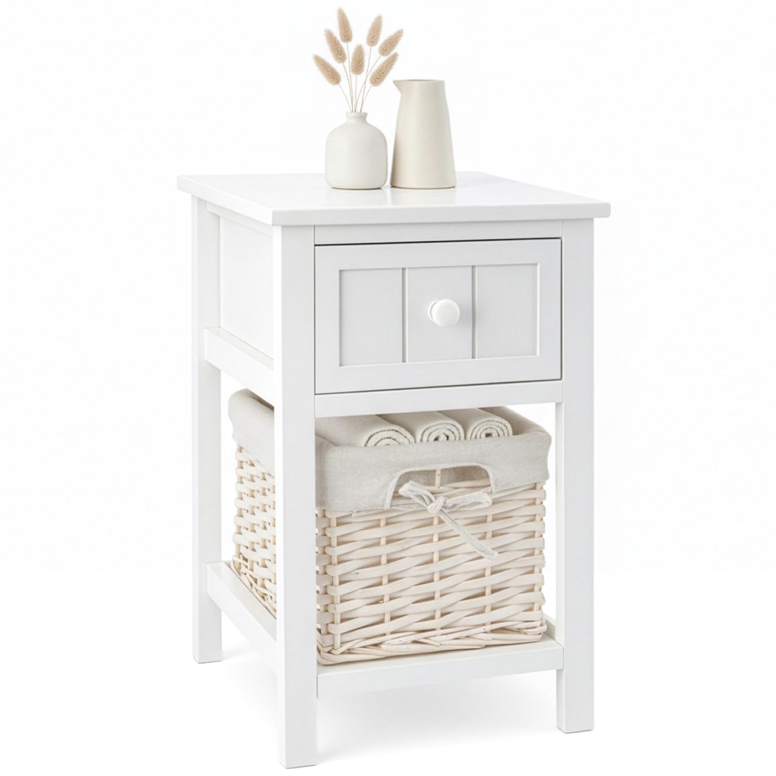 GREENSAPPIRE 1 PCS White Bedside Table with Drawer & Wicker Basket White