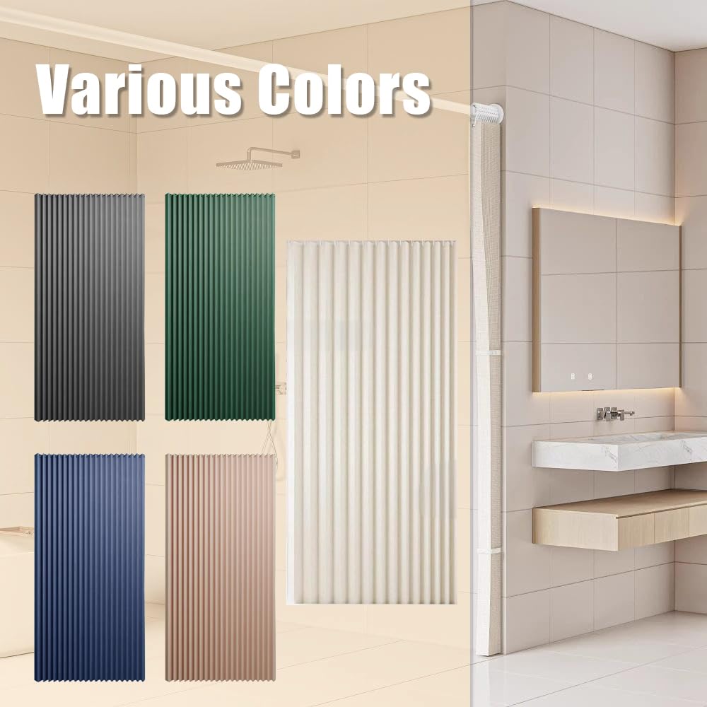 Icegrey Rideau de Douche Magnétique Pliable et imperméable avec Crochets, Séparation Humide et sèche, Rideaux de Douche en Polyester Lin très résistants pour Salle de Bain, Beige, 150x200cm