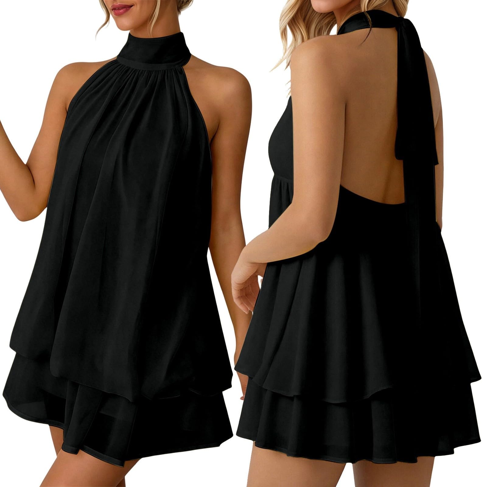 Robe été Femme Courte Robe en Mousseline Dos Nu Sexy Volants Mini Robes sans Manches Soiree Cérémonie