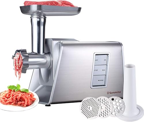Sunmile SM-G73 - Picadora eléctrica de carne y embutidora de salchichas, 1000 W máx. con cuchilla de corte de acero inoxidable y 3 placas de corte y