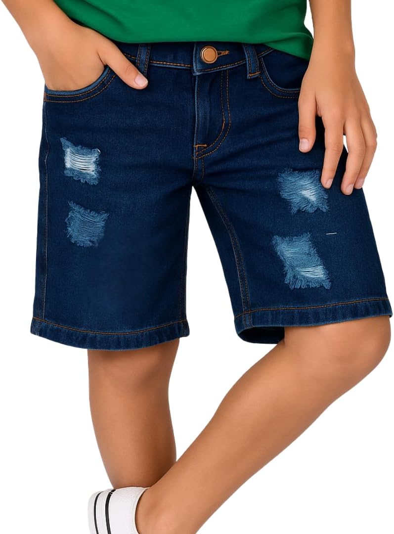 Bermuda Jeans Rasgada Infantil e Juvenil Menino, Lavagem Azul Clara e Azul Escura, Estilo Moderno, 2-16 Anos