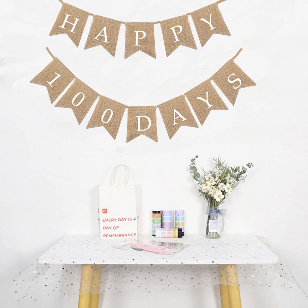 Borsgye Happy 100 Days Burlap Bunting Banner Swallowtail Flag Handwriting Baby Shower Banner Adjustable DIY Decoration for Baby Welcome Sign Baby Photo Prop Gender Reveal Party Supplies - Image 3