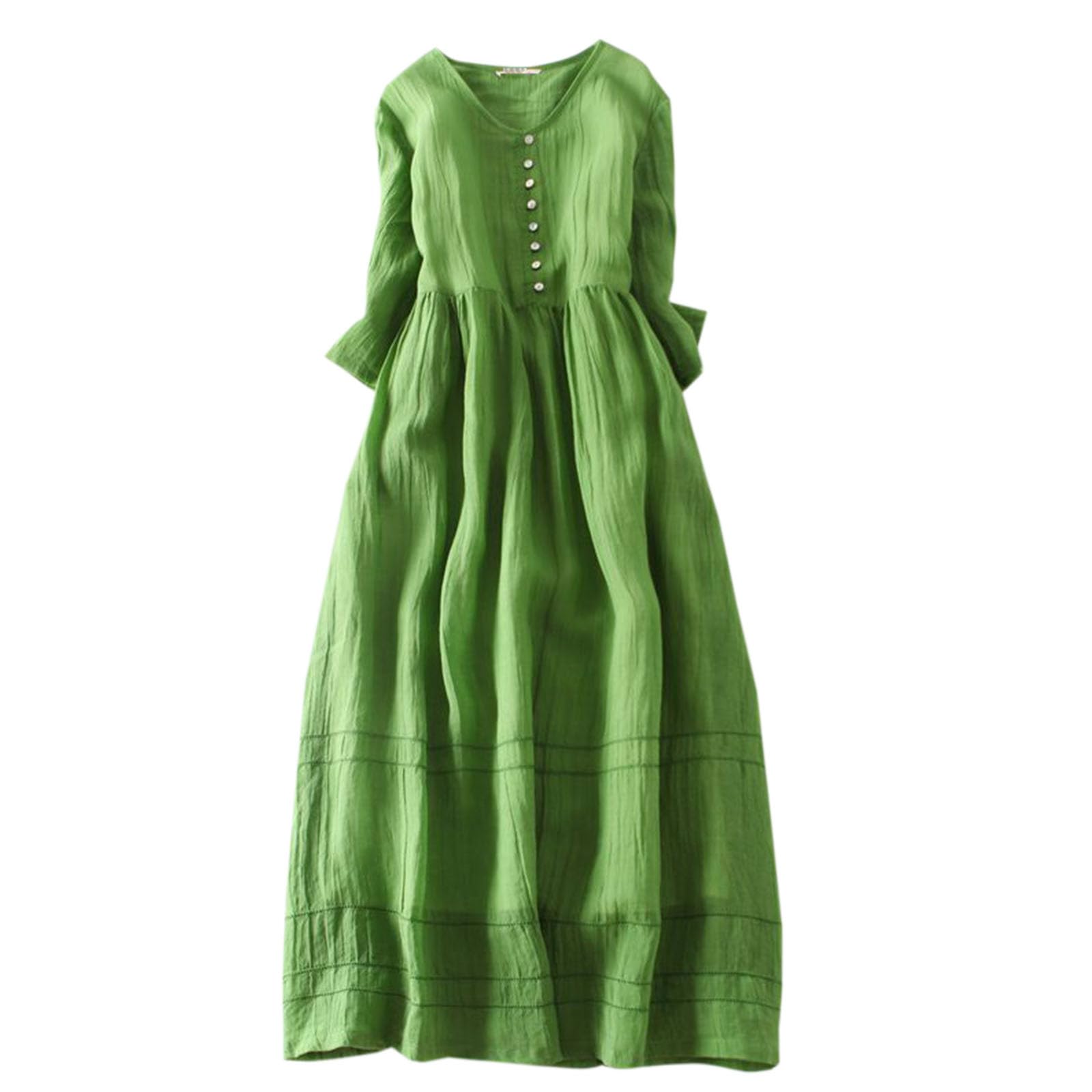 Womens Cotton Linen Dresses Summer Pleated Midi Dress 3/4 Sleeve Casual Textured Beach Sundress Vintage Travel Outfit